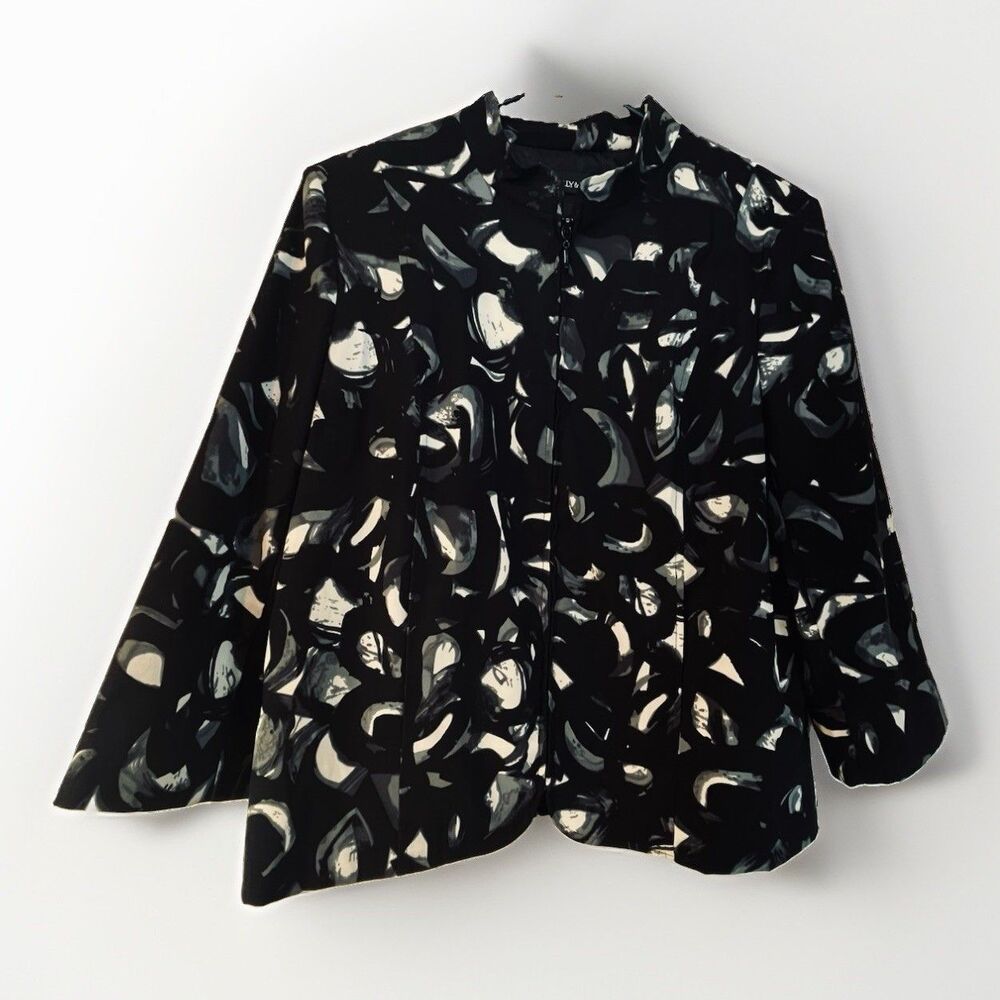 Molly & MaXX Women's Black White Gray Lined Full Zip Stretch Blazer Jacket Sz L